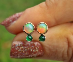 Opal Emerald 14 K Gold Stud Earrings