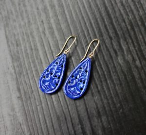 Carved Lapis Lazuli 14K Solid Gold Earrings