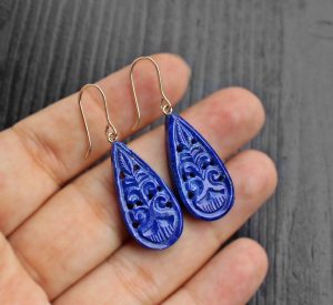 Carved Lapis Lazuli 14K Solid Gold Earrings