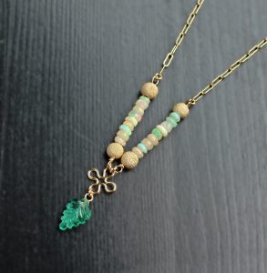 Opal & Carved Emerald Leaf 14K Gold Filled Necklace