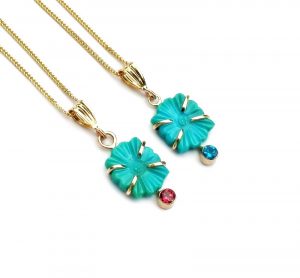 Carved Turquoise & Rhodolite Garnet 14k Pendant Necklace