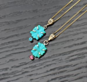 Carved Turquoise & Apatite 14k Pendant Necklace