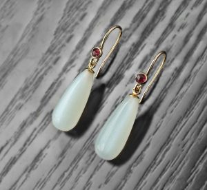 White Moonstone & Ruby 14K Solid Gold Earrings